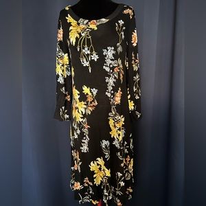 3/4 sleeve black dress with yellow tropical flowers, comfortable and soft